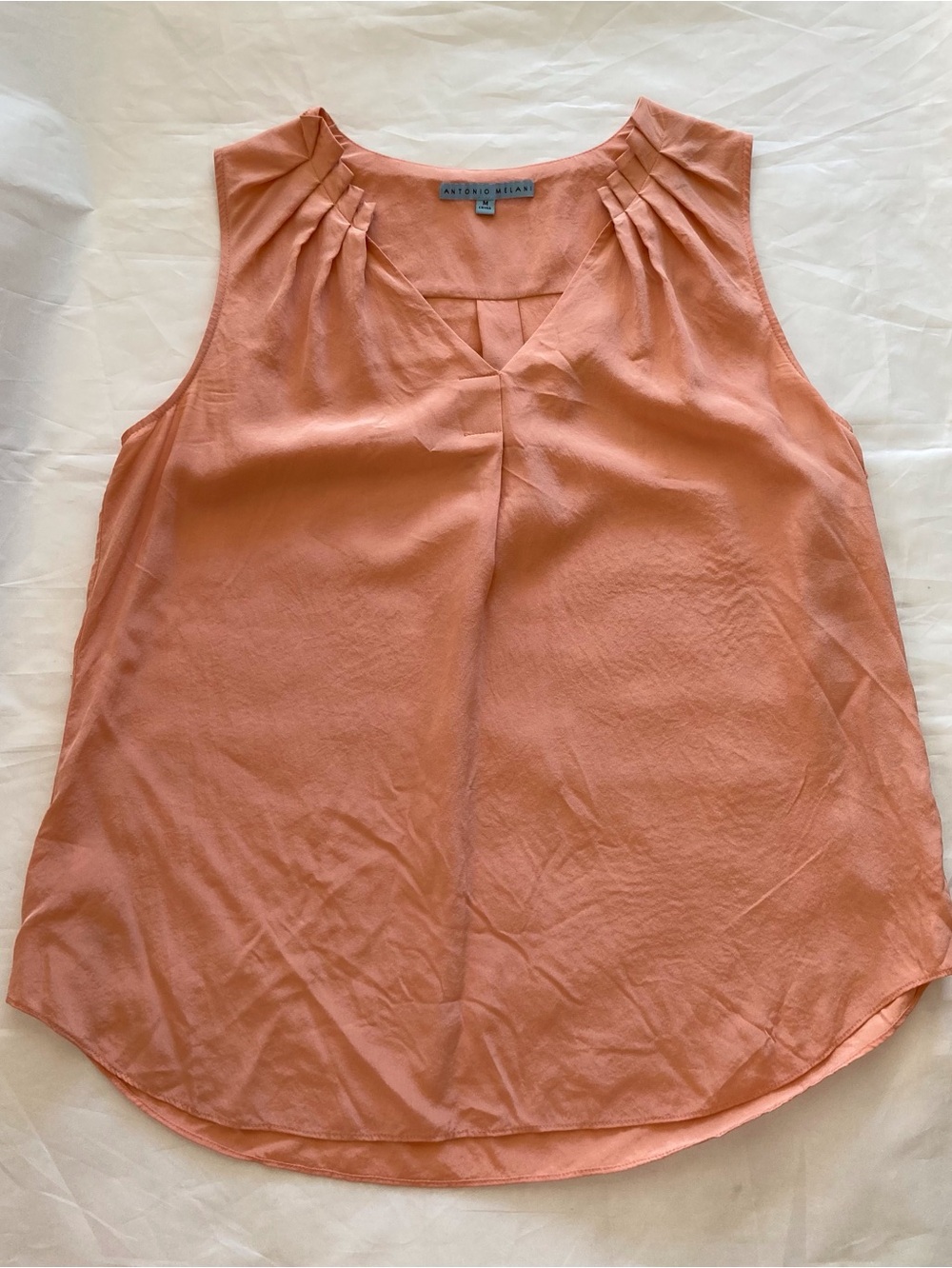 Antonio Melani 100% Silk Forward Pleated V-Neck Sleeveless Blouse Coral/Peach -M